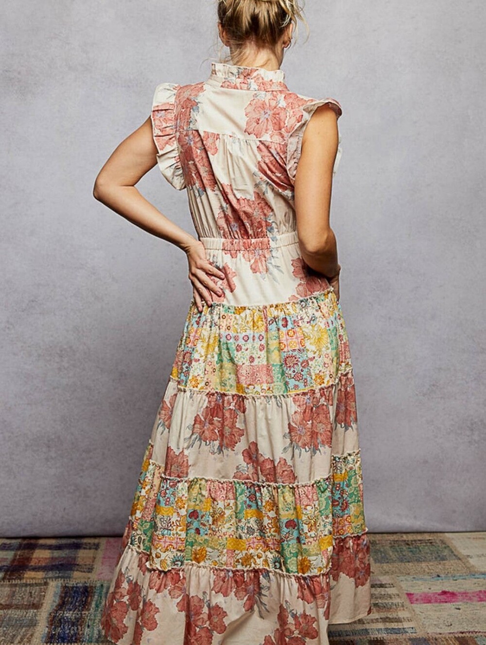 POL Floral Patchwork Maxi Dress Small Ruffle Sleeve Boho Cottagecore NWOT - Picture 2 of 8